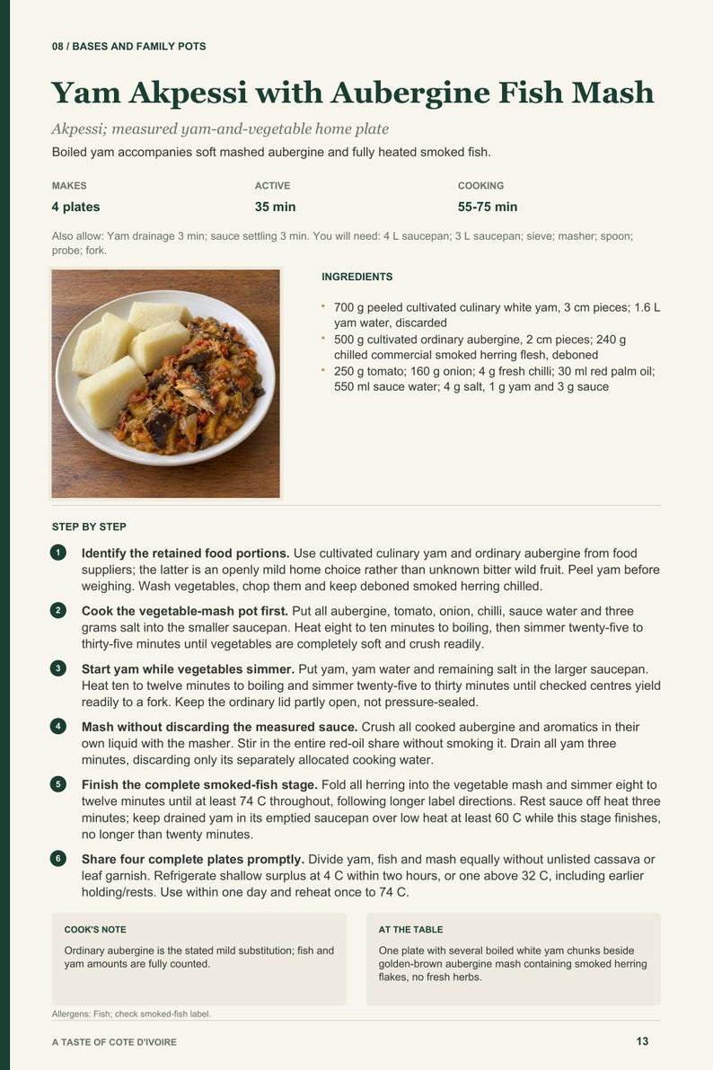 Actual PDF page 13 from A Taste of Cote d'Ivoire: Yam Akpessi with Aubergine Fish Mash recipe page.