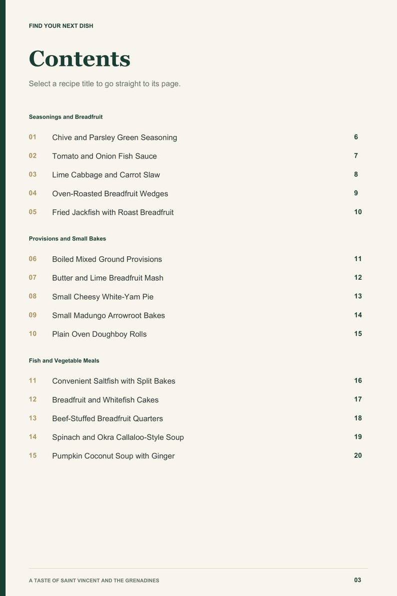 Actual PDF page 3 from A Taste of Saint Vincent and the Grenadines: Contents, page 1.
