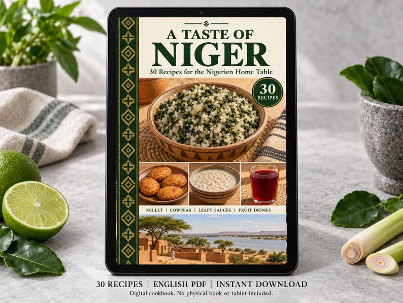 Digital cookbook mockup displaying the actual A Taste of Niger cover. English PDF download only; no tablet or physical book included.