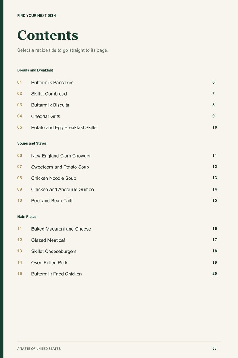 Actual PDF page 3 from A Taste of United States: Contents, page 1.