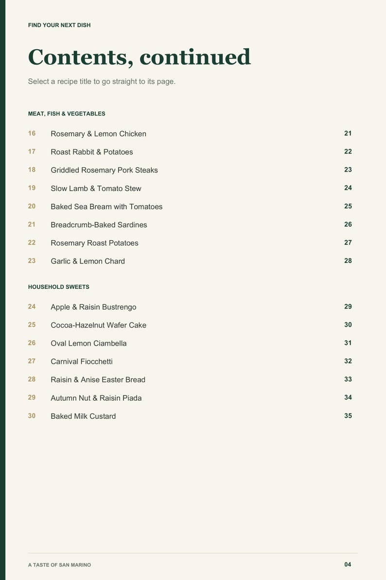 Actual PDF page 4 from A Taste of San Marino: Contents, page 2.