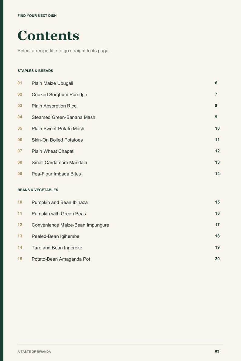 Actual PDF page 3 from A Taste of Rwanda: Contents, page 1.