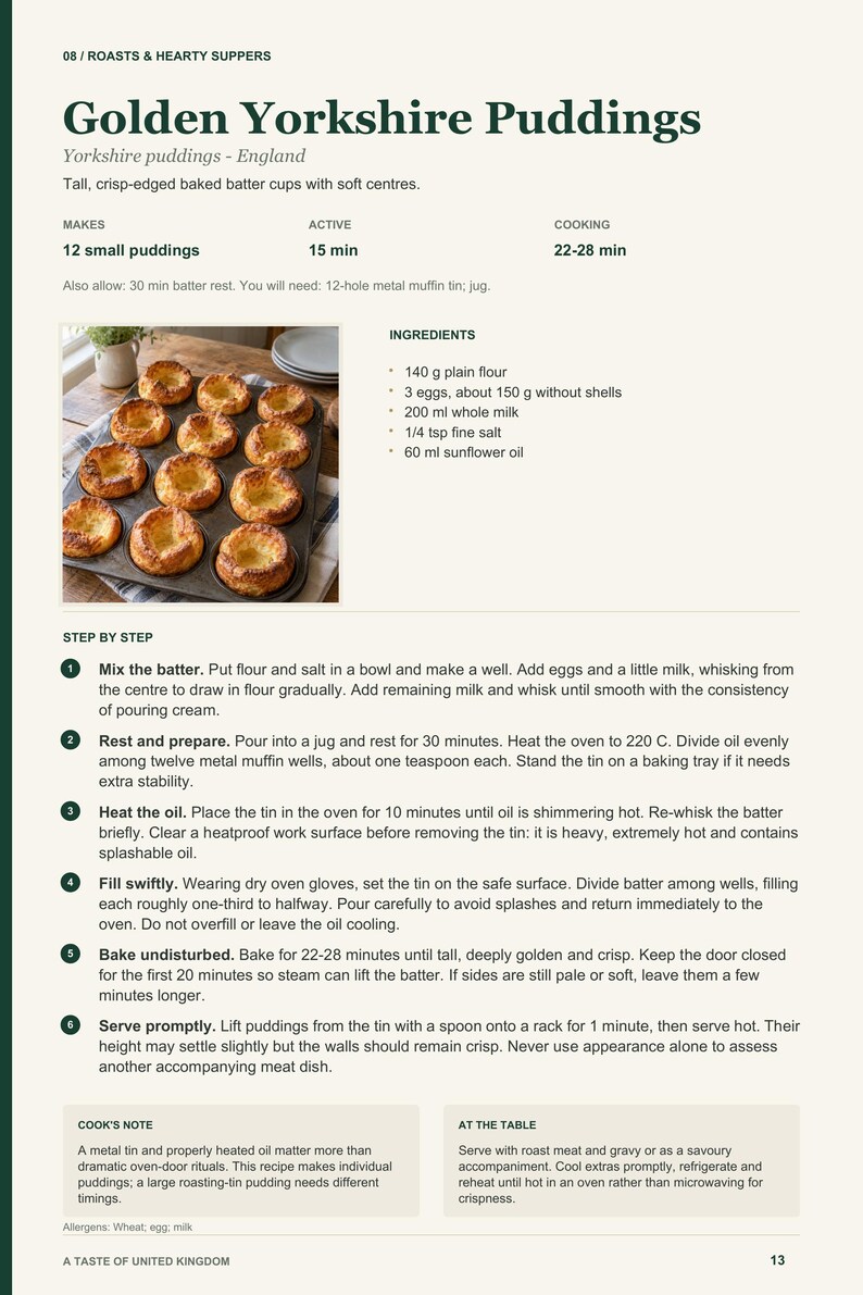 Actual PDF page 13 from A Taste of United Kingdom: Golden Yorkshire Puddings recipe page.