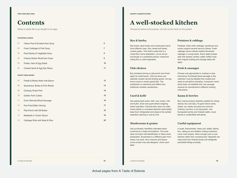 Actual contents and kitchen-notes pages from A Taste of Estonia.