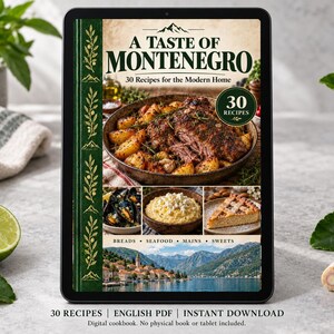 Digital cookbook mockup displaying the actual A Taste of Montenegro cover. English PDF download only; no tablet or physical book included.
