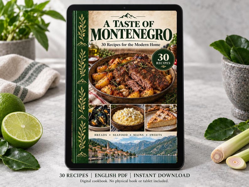 Digital cookbook mockup displaying the actual A Taste of Montenegro cover. English PDF download only; no tablet or physical book included.