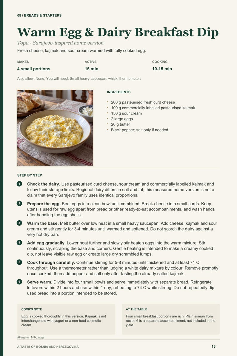 Actual PDF page 13 from A Taste of Bosnia and Herzegovina: Warm Egg & Dairy Breakfast Dip recipe page.