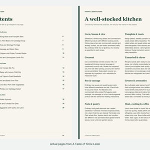 Actual contents and kitchen-notes pages from A Taste of Timor-Leste.
