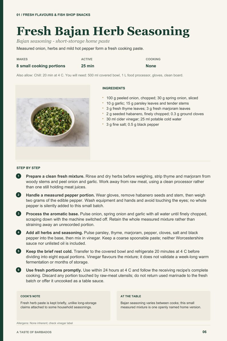 Actual PDF page 6 from A Taste of Barbados: Fresh Bajan Herb Seasoning recipe page.