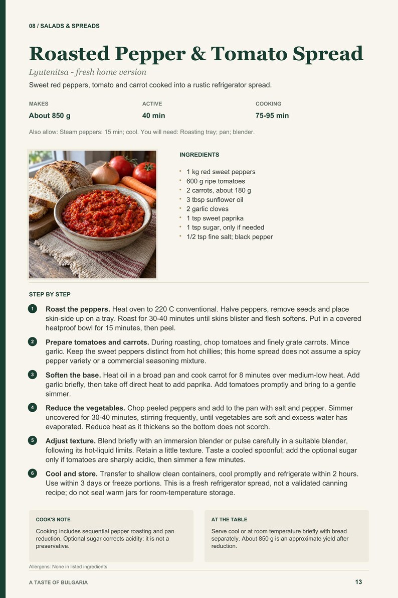 Actual PDF page 13 from A Taste of Bulgaria: Roasted Pepper & Tomato Spread recipe page.