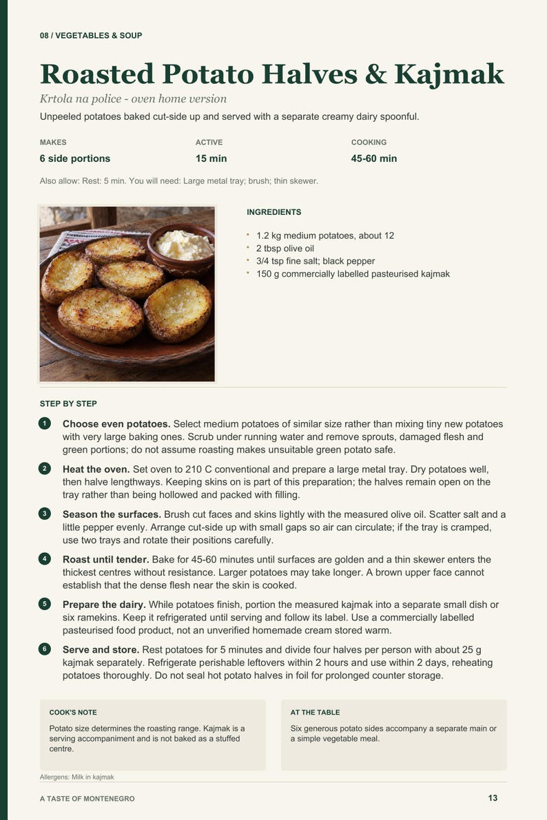 Actual PDF page 13 from A Taste of Montenegro: Roasted Potato Halves & Kajmak recipe page.
