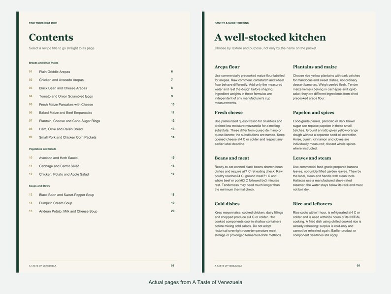 Actual contents and kitchen-notes pages from A Taste of Venezuela.