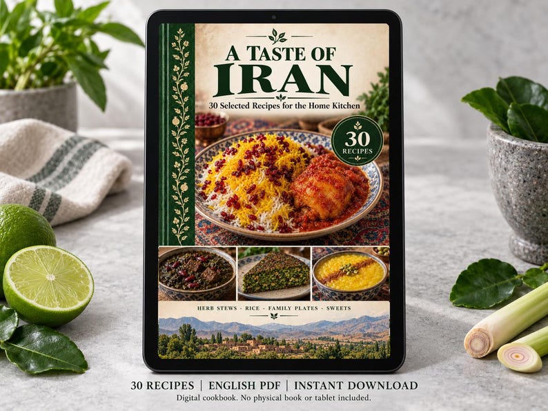 Digital cookbook mockup displaying the actual A Taste of Iran cover. English PDF download only; no tablet or physical book included.