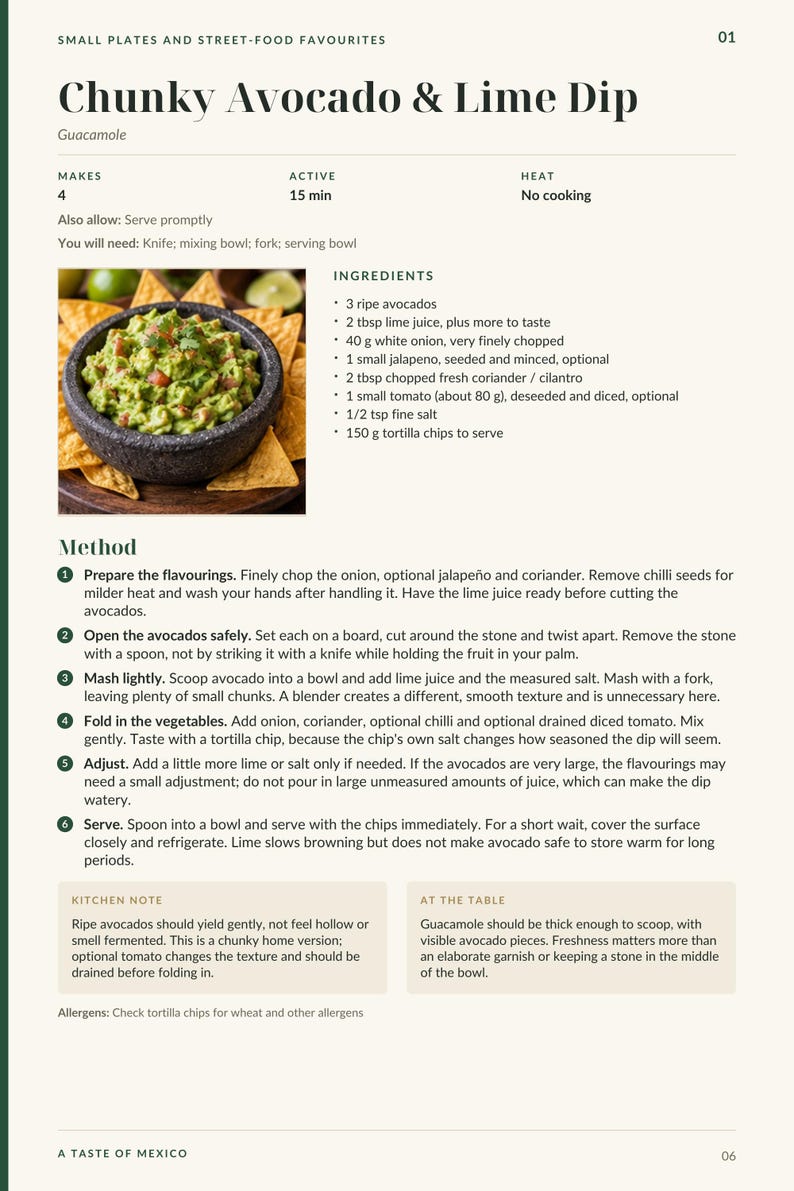 Actual PDF page 6 from A Taste of Mexico: Chunky Avocado & Lime Dip recipe page.