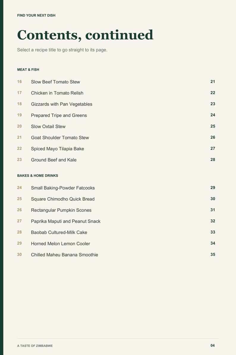 Actual PDF page 4 from A Taste of Zimbabwe: Contents, page 2.