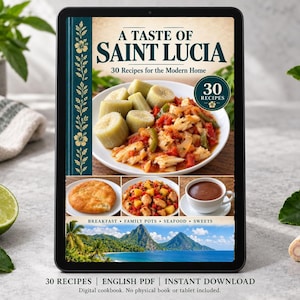 Digital cookbook mockup displaying the actual A Taste of Saint Lucia cover. English PDF download only; no tablet or physical book included.