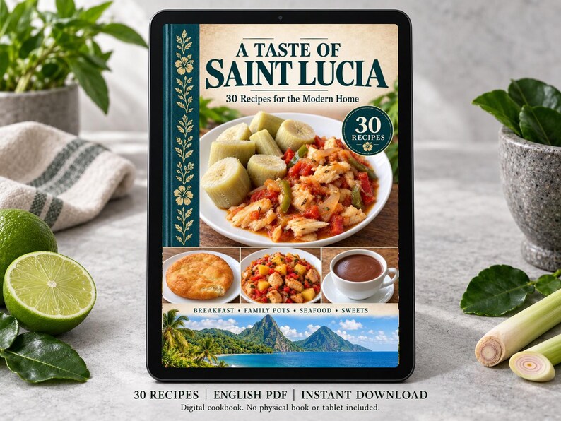 Digital cookbook mockup displaying the actual A Taste of Saint Lucia cover. English PDF download only; no tablet or physical book included.