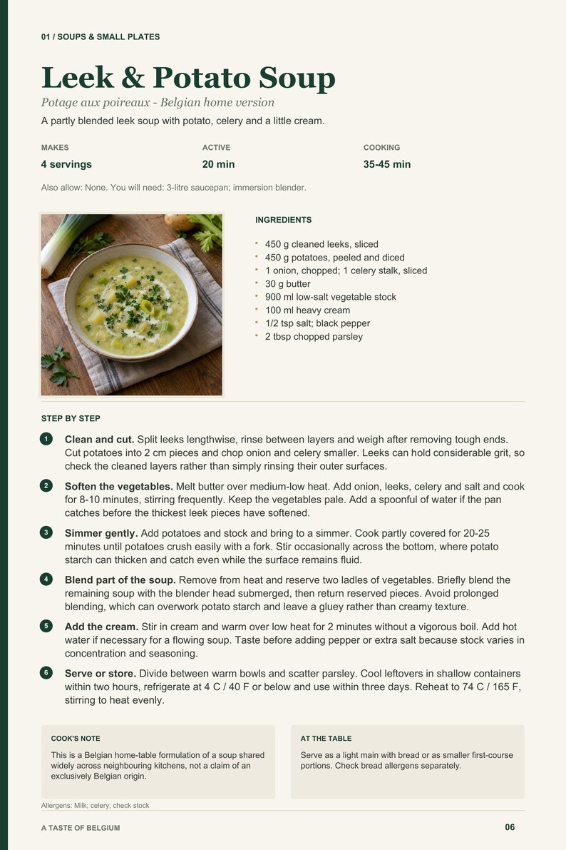 Actual PDF page 6 from A Taste of Belgium: Leek & Potato Soup recipe page.