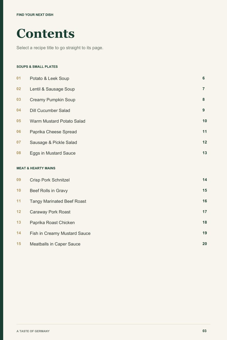 Actual PDF page 3 from A Taste of Germany: Contents, page 1.