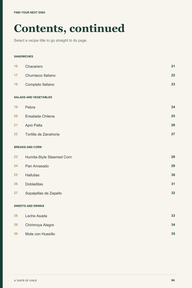 Actual PDF page 4 from A Taste of Chile: Contents, page 2.