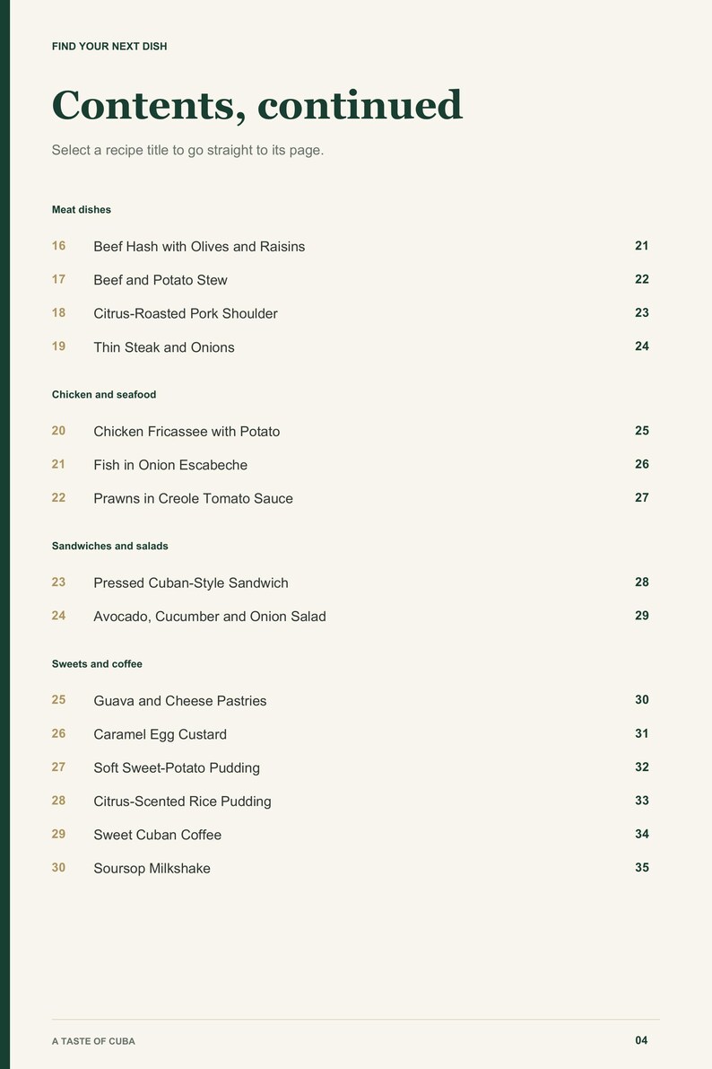 Actual PDF page 4 from A Taste of Cuba: Contents, page 2.