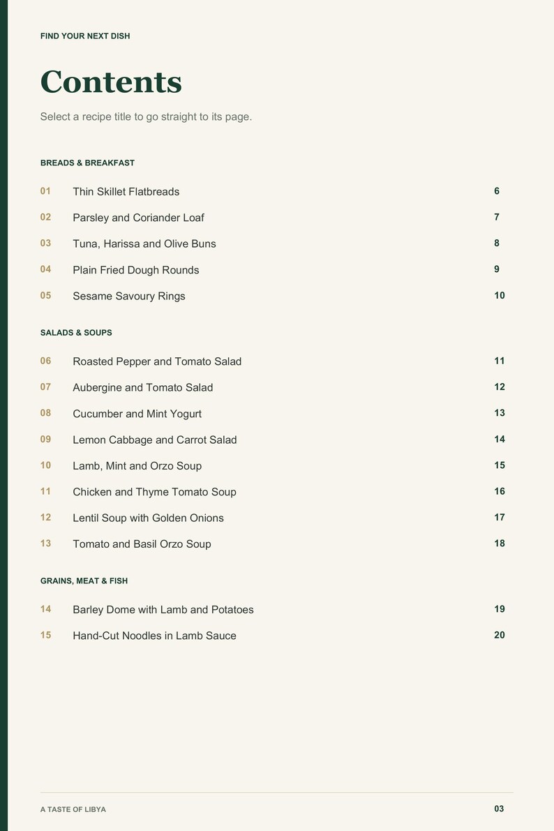 Actual PDF page 3 from A Taste of Libya: Contents, page 1.
