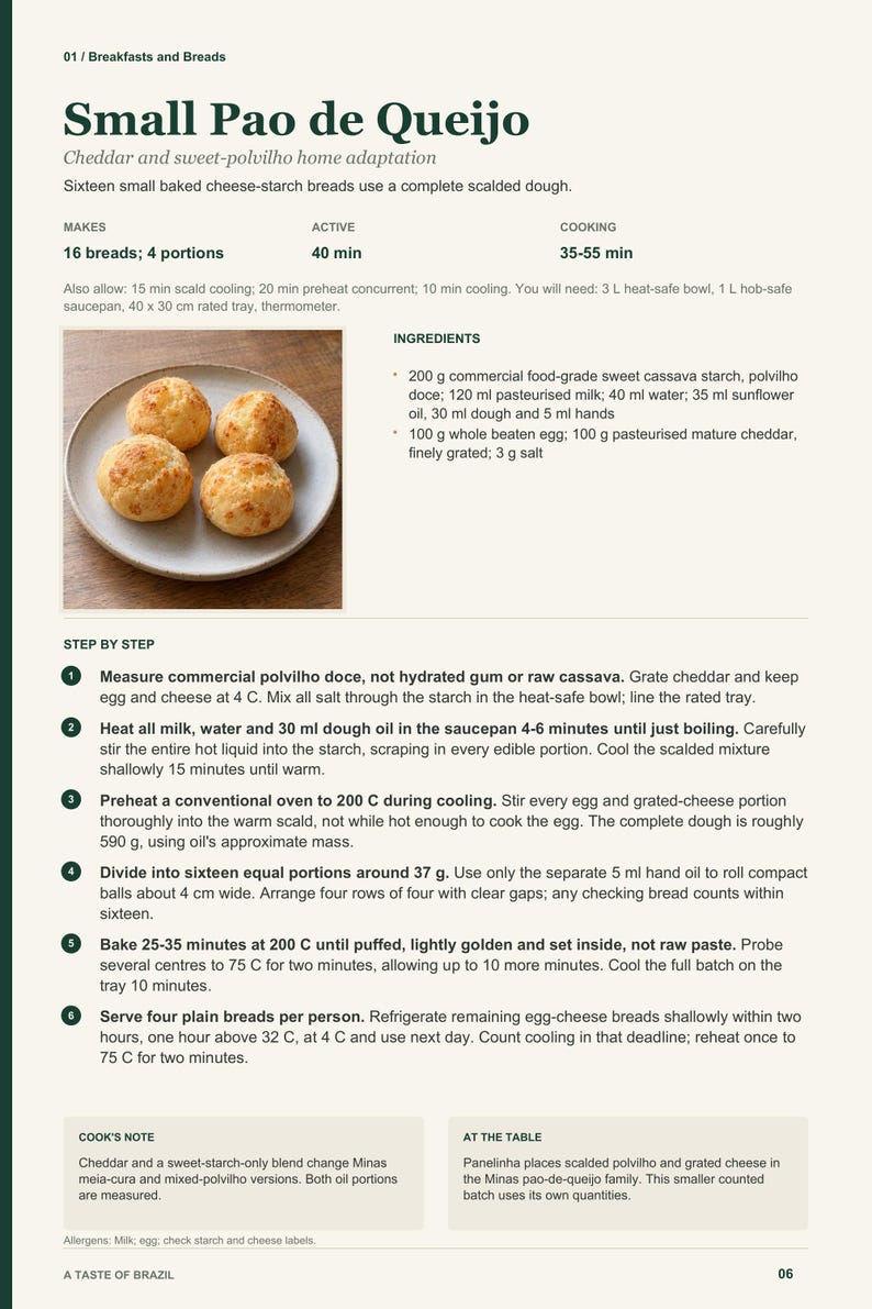 Actual PDF page 6 from A Taste of Brazil: Small Pao de Queijo recipe page.