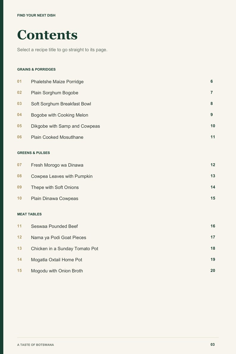 Actual PDF page 3 from A Taste of Botswana: Contents, page 1.