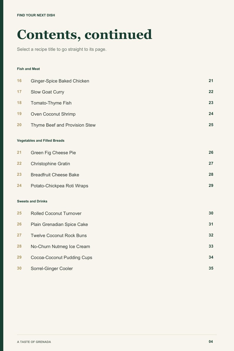 Actual PDF page 4 from A Taste of Grenada: Contents, page 2.