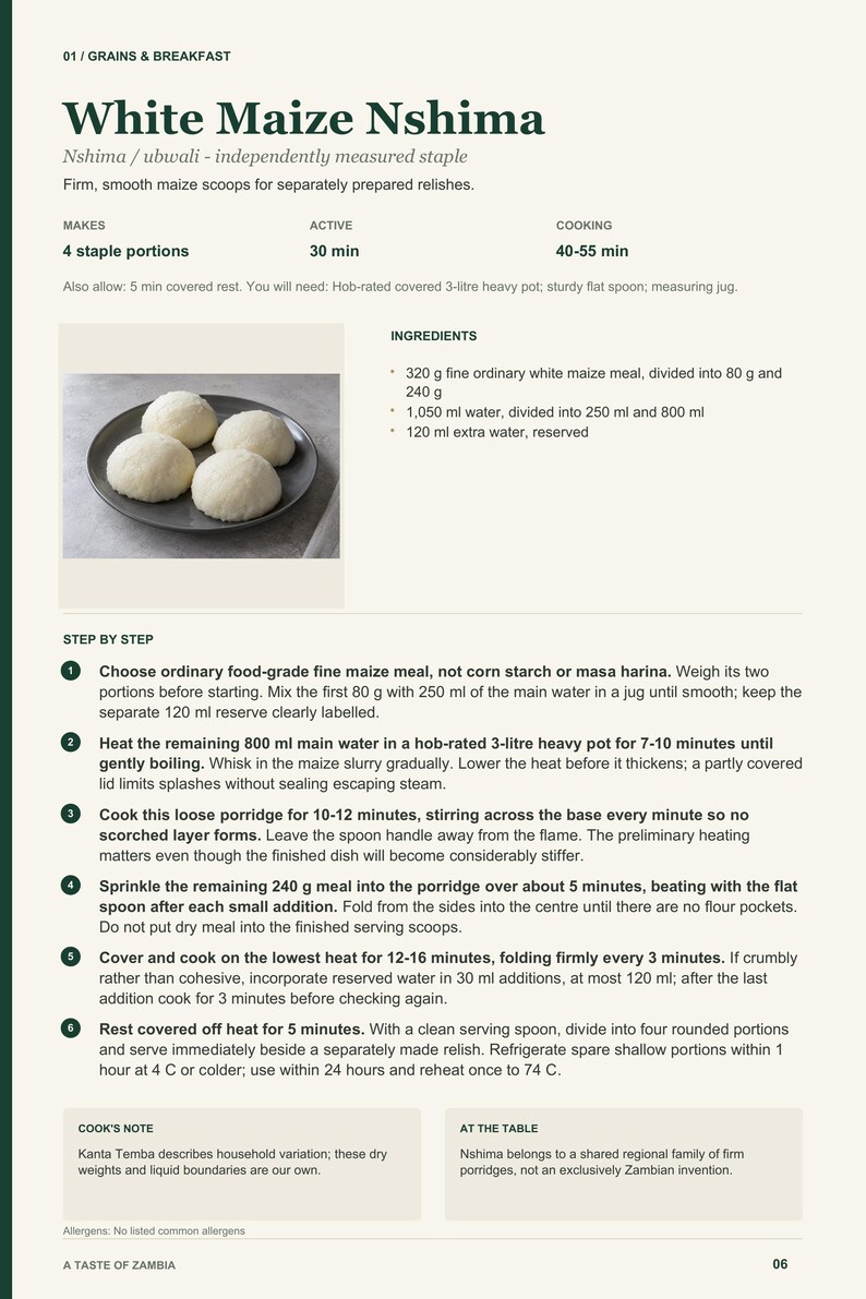 Actual PDF page 6 from A Taste of Zambia: White Maize Nshima recipe page.