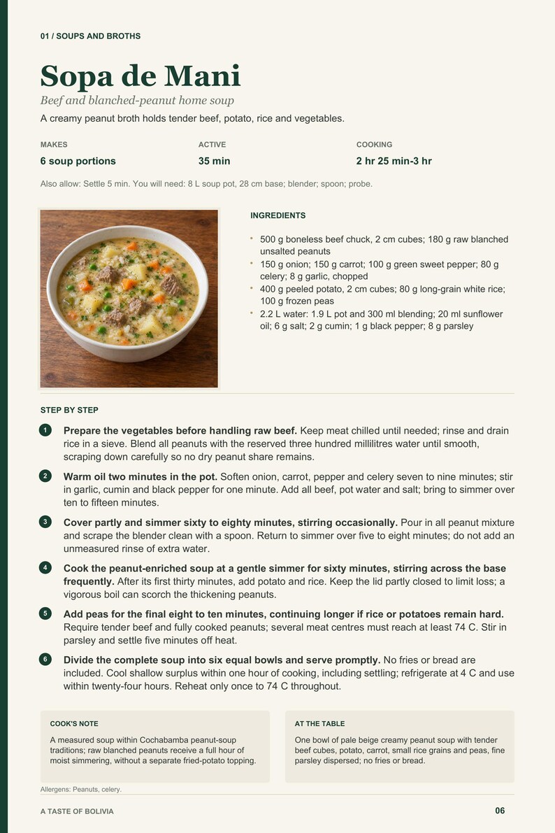 Actual PDF page 6 from A Taste of Bolivia: Sopa de Mani recipe page.
