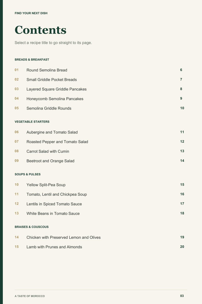 Actual PDF page 3 from A Taste of Morocco: Contents, page 1.