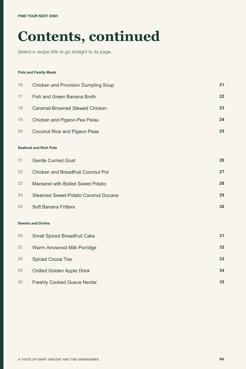 Actual PDF page 4 from A Taste of Saint Vincent and the Grenadines: Contents, page 2.
