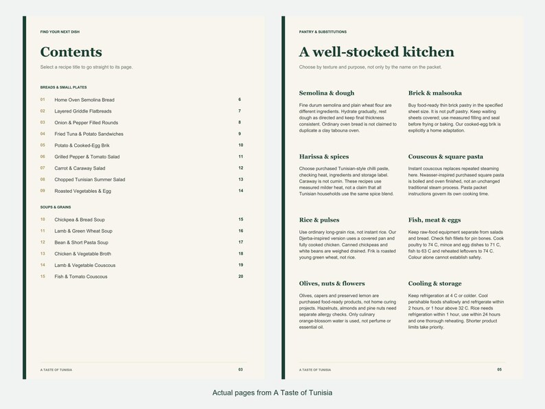 Actual contents and kitchen-notes pages from A Taste of Tunisia.