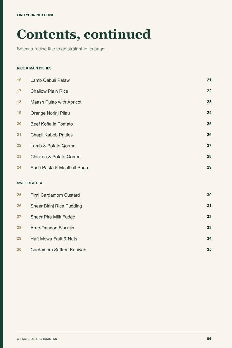 Actual PDF page 4 from A Taste of Afghanistan: Contents, page 2.