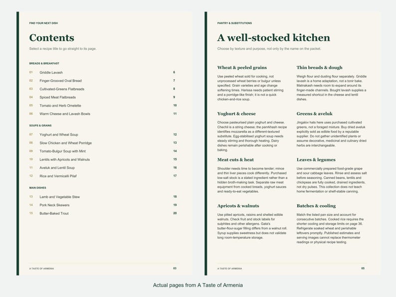 Actual contents and kitchen-notes pages from A Taste of Armenia.