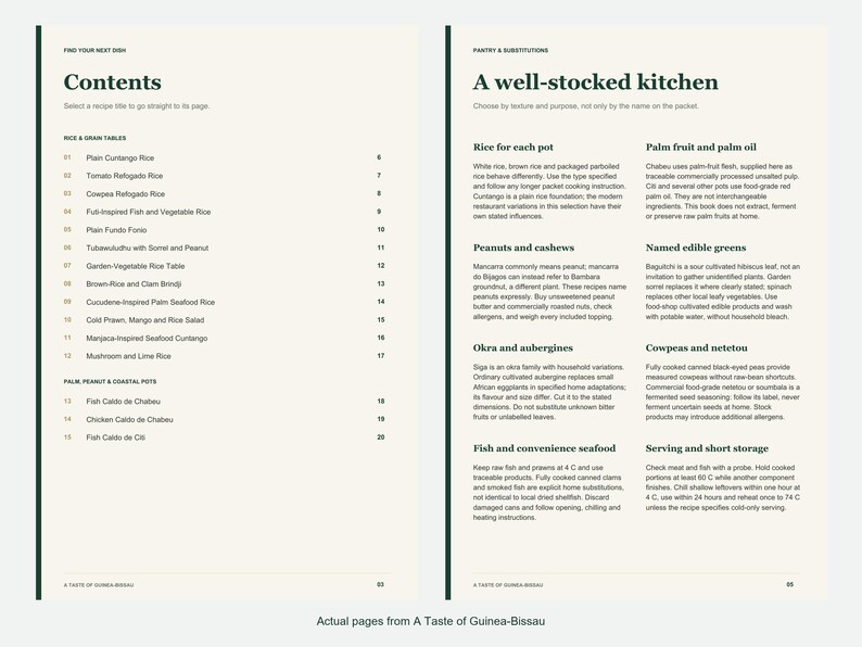 Actual contents and kitchen-notes pages from A Taste of Guinea-Bissau.