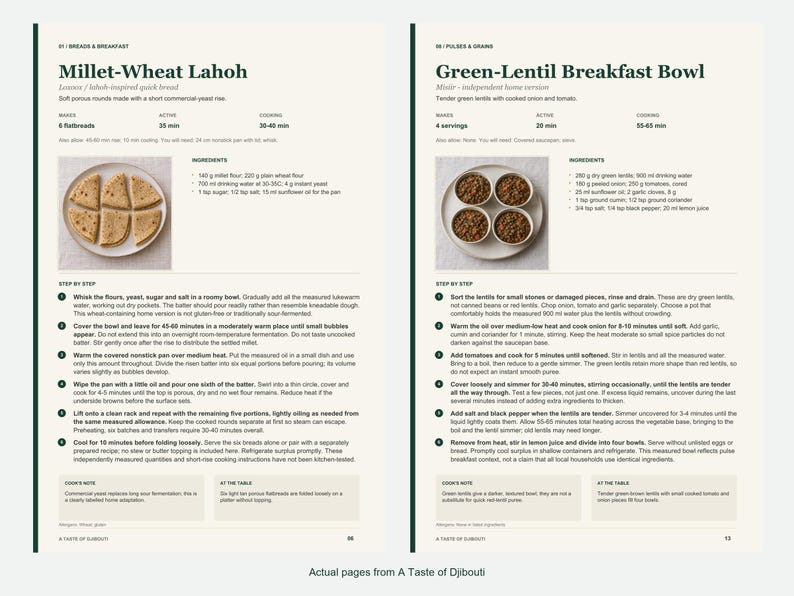 Two actual recipe pages from A Taste of Djibouti.