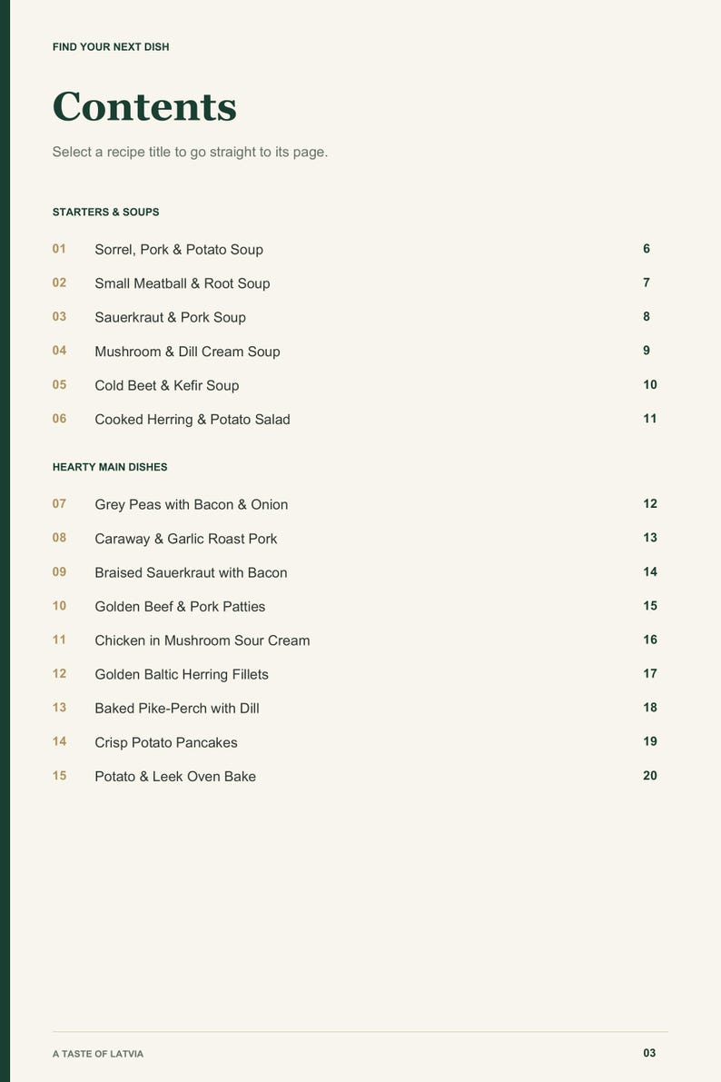 Actual PDF page 3 from A Taste of Latvia: Contents, page 1.