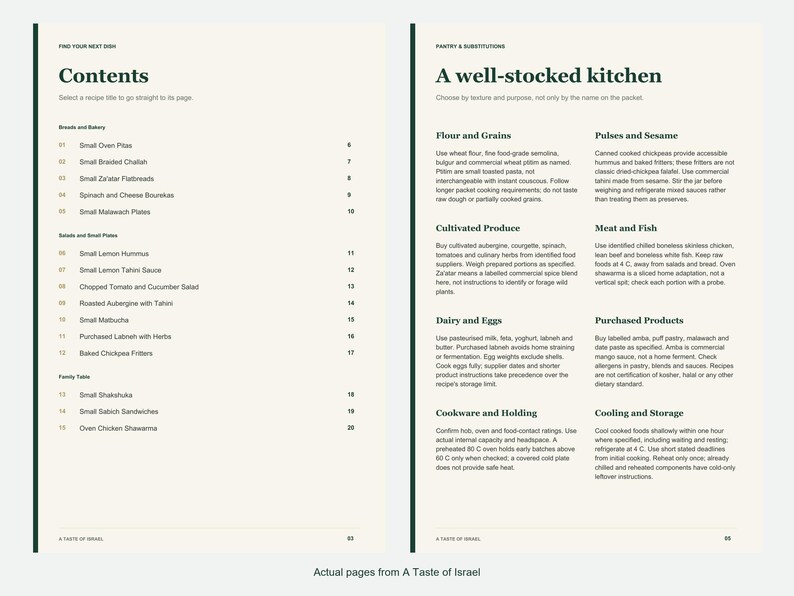Actual contents and kitchen-notes pages from A Taste of Israel.