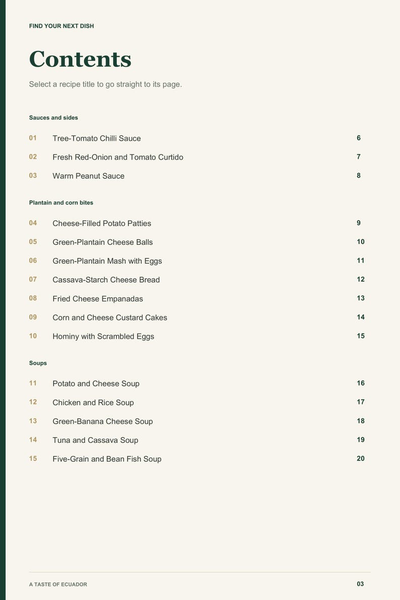 Actual PDF page 3 from A Taste of Ecuador: Contents, page 1.