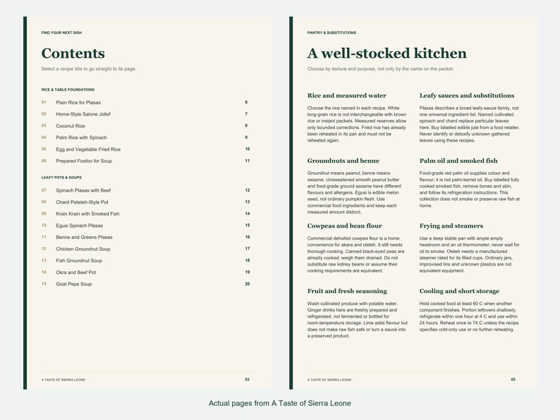 Actual contents and kitchen-notes pages from A Taste of Sierra Leone.