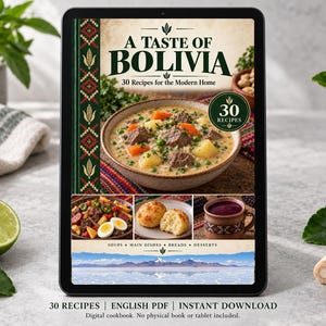 Digital cookbook mockup displaying the actual A Taste of Bolivia cover. English PDF download only; no tablet or physical book included.