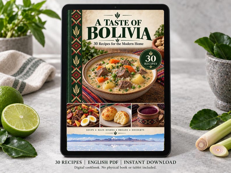 Digital cookbook mockup displaying the actual A Taste of Bolivia cover. English PDF download only; no tablet or physical book included.