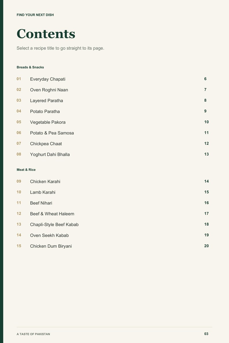 Actual PDF page 3 from A Taste of Pakistan: Contents, page 1.