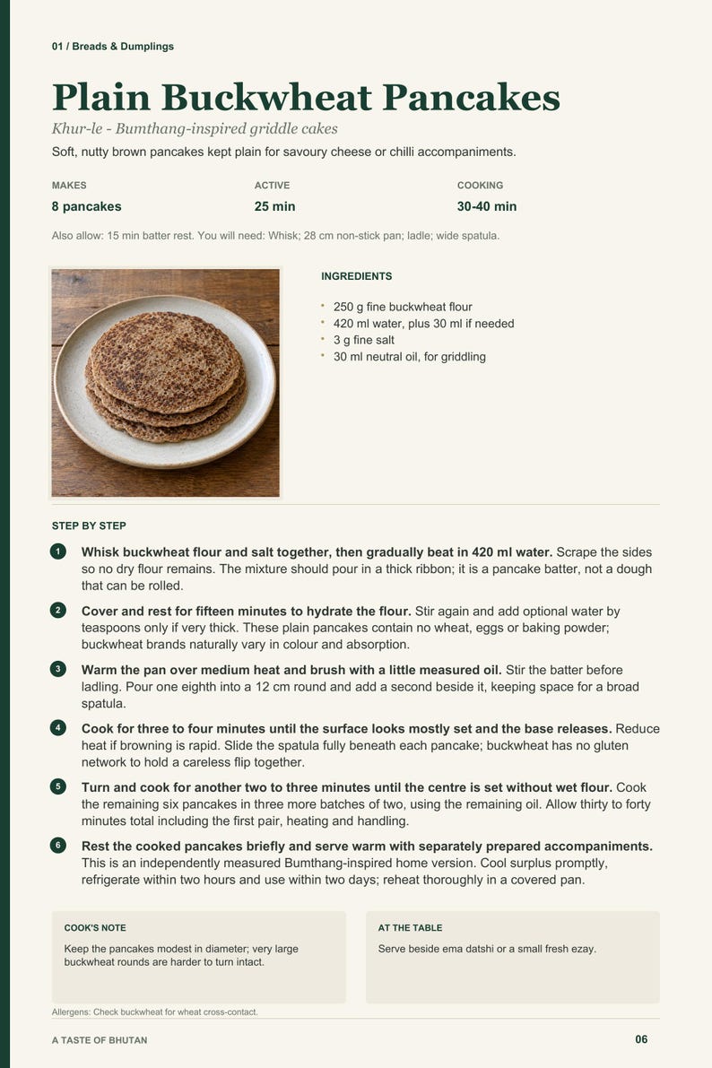 Actual PDF page 6 from A Taste of Bhutan: Plain Buckwheat Pancakes recipe page.