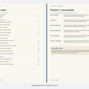 Actual contents and kitchen-notes pages from A Taste of Greece.