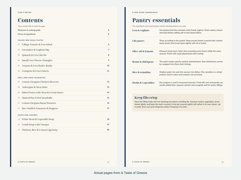 Actual contents and kitchen-notes pages from A Taste of Greece.