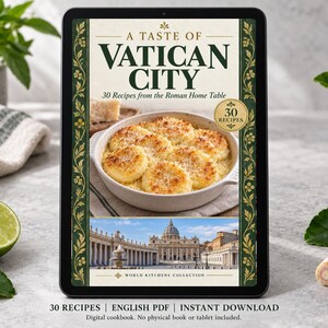 Digital cookbook mockup displaying the actual A Taste of Vatican City cover. English PDF download only; no tablet or physical book included.