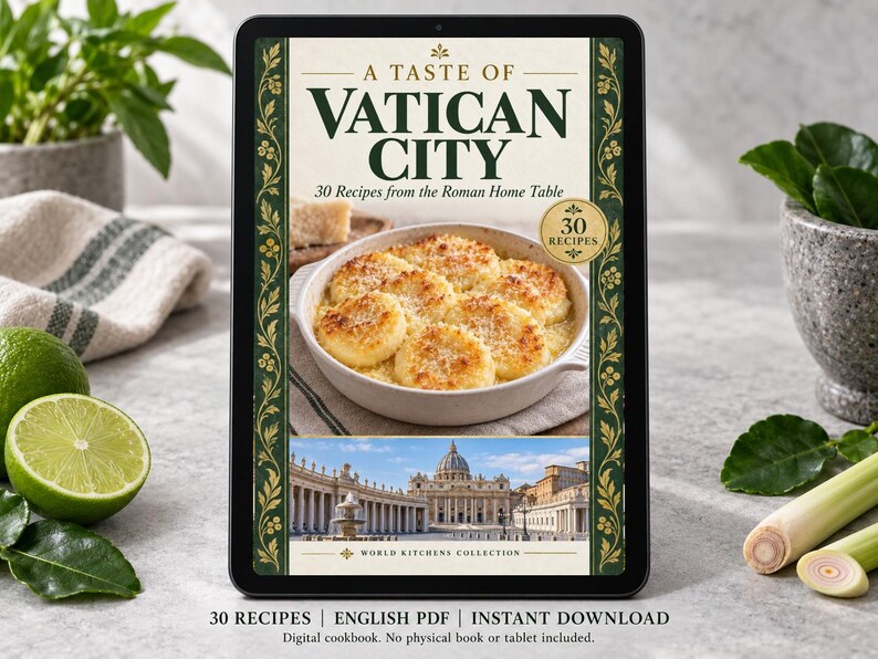 Digital cookbook mockup displaying the actual A Taste of Vatican City cover. English PDF download only; no tablet or physical book included.